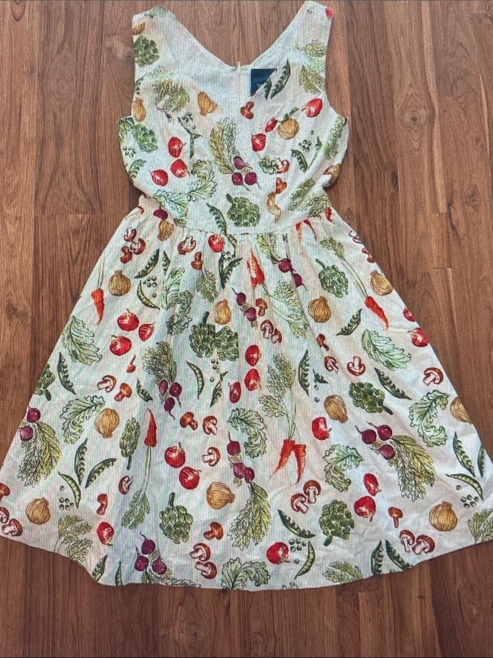 ModCloth White Dress with Red, Green, Yellow, Brown Vegetable Print